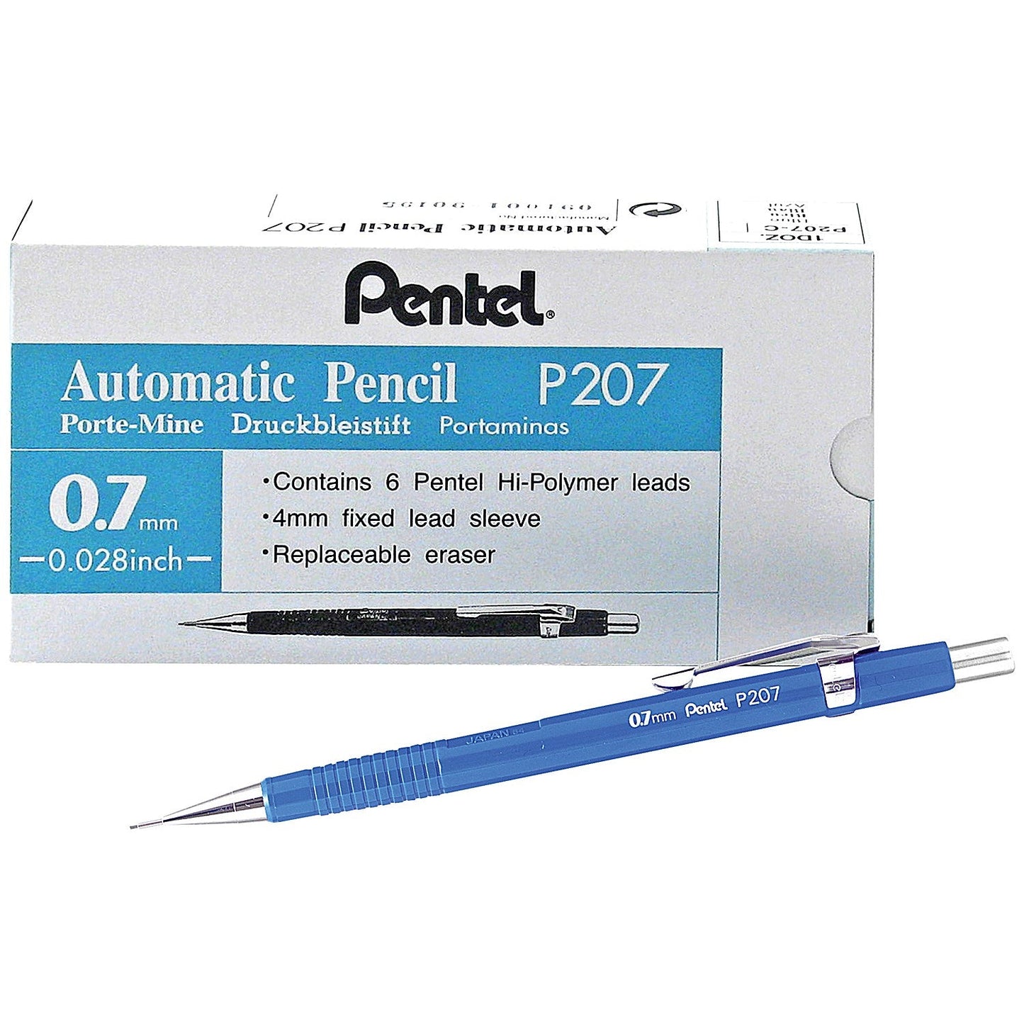 Pentel P207 Mechanical Pencil with eraser, Steel-lined with 6 x HB 0.7mm Lead, Pack of 12 Easy2Order : PE04025