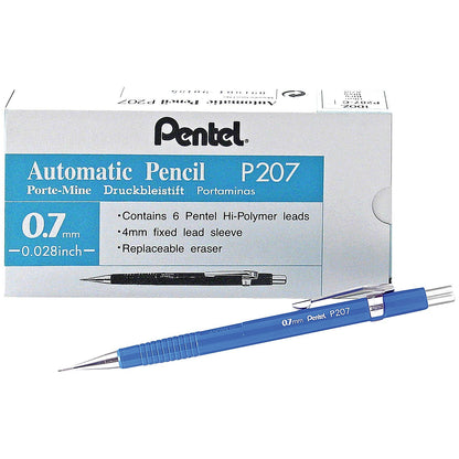 Pentel P207 Mechanical Pencil with eraser, Steel-lined with 6 x HB 0.7mm Lead, Pack of 12 Easy2Order : PE04025