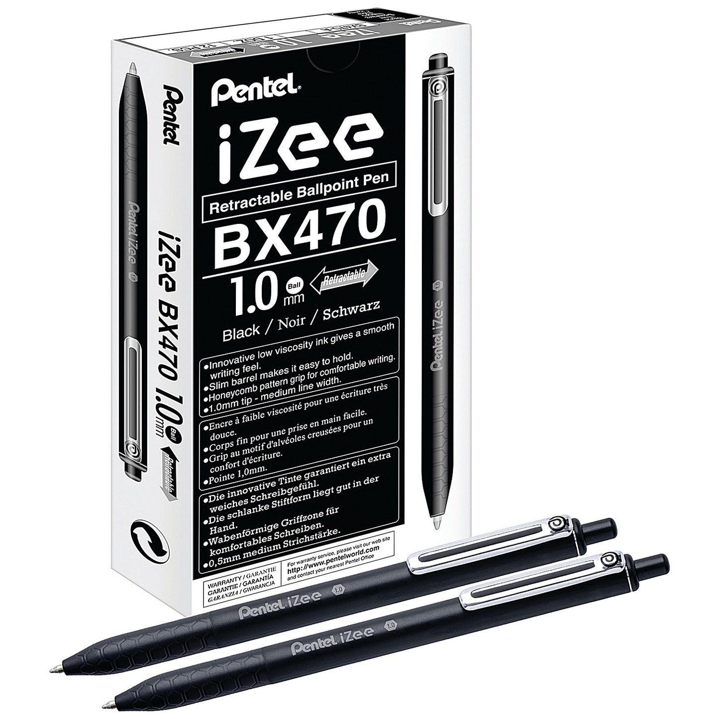 Pentel iZee Retractable Ballpoint Pen, 1.0mm, Black, Pack of 12