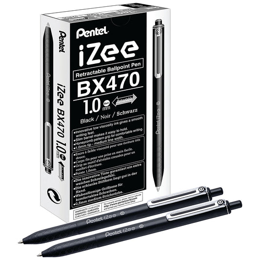 Pentel iZee Retractable Ballpoint Pen, 1.0mm, Black, Pack of 12