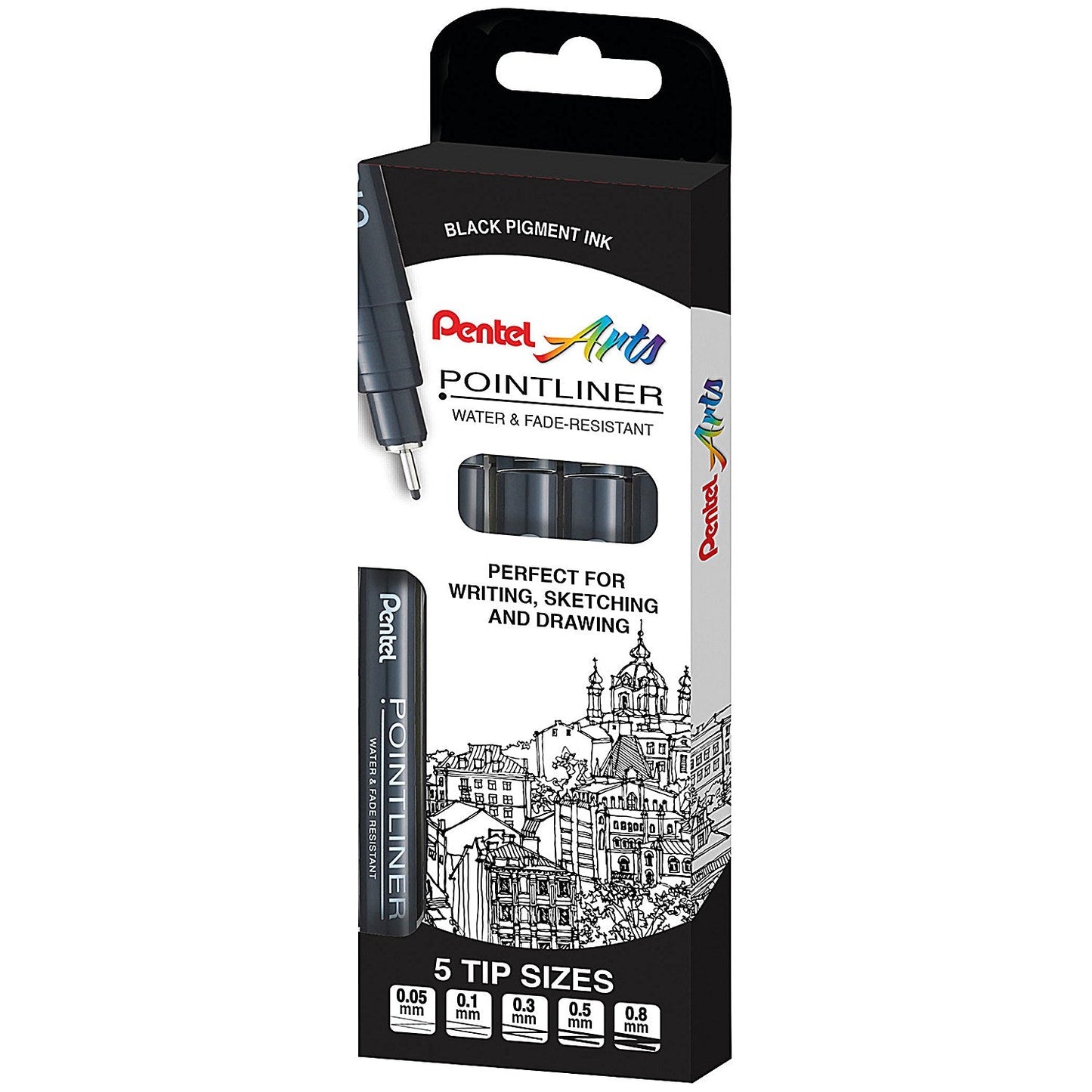 Pentel Pointliner Pigment Pen, Assorted Sizes, Black, Pack of 5