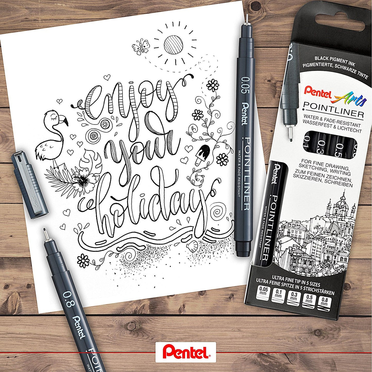 Pentel Pointliner Pigment Pen, Assorted Sizes, Black, Pack of 5