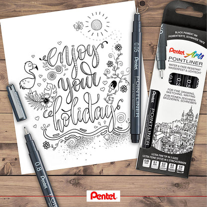 Pentel Pointliner Pigment Pen, Assorted Sizes, Black, Pack of 5