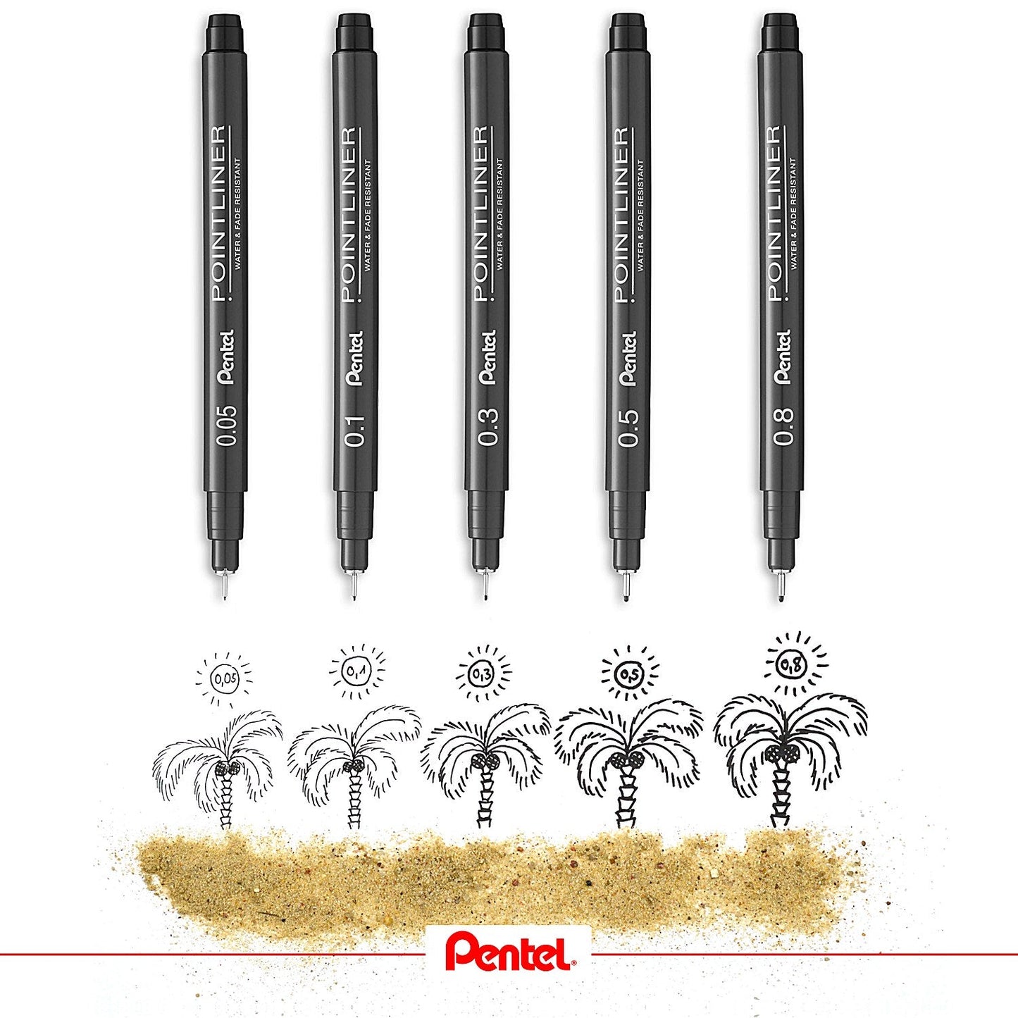 Pentel Pointliner Pigment Pen, Assorted Sizes, Black, Pack of 5