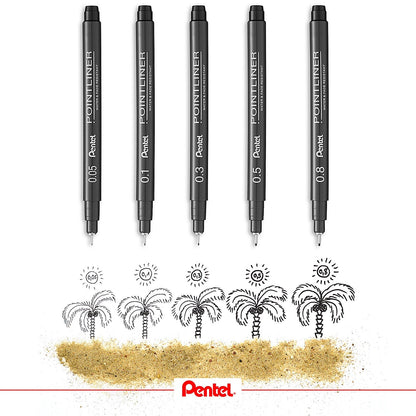 Pentel Pointliner Pigment Pen, Assorted Sizes, Black, Pack of 5