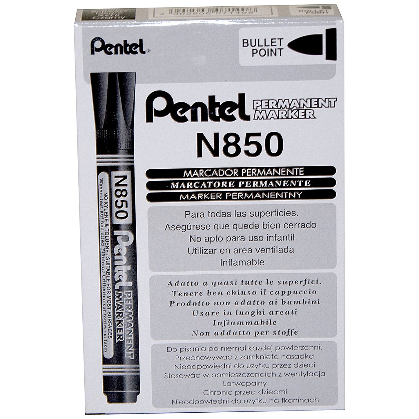 Pentel N850 Permanent Marker, Bullet Tip, Black, Pack of 12