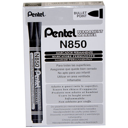 Pentel N850 Permanent Marker, Bullet Tip, Black, Pack of 12