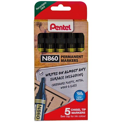 Pentel N860 Permanent Marker, Chisel Tip, Black, Pack of 5