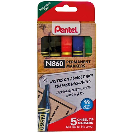 Pentel N860 Permanent Markers, Chisel Tip, Assorted, Pack of 5