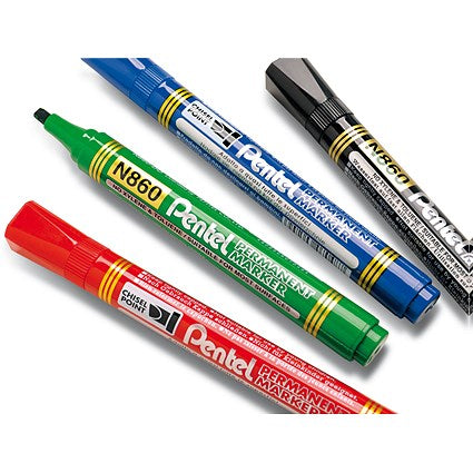 Pentel N860 Permanent Markers, Chisel Tip, Assorted, Pack of 5