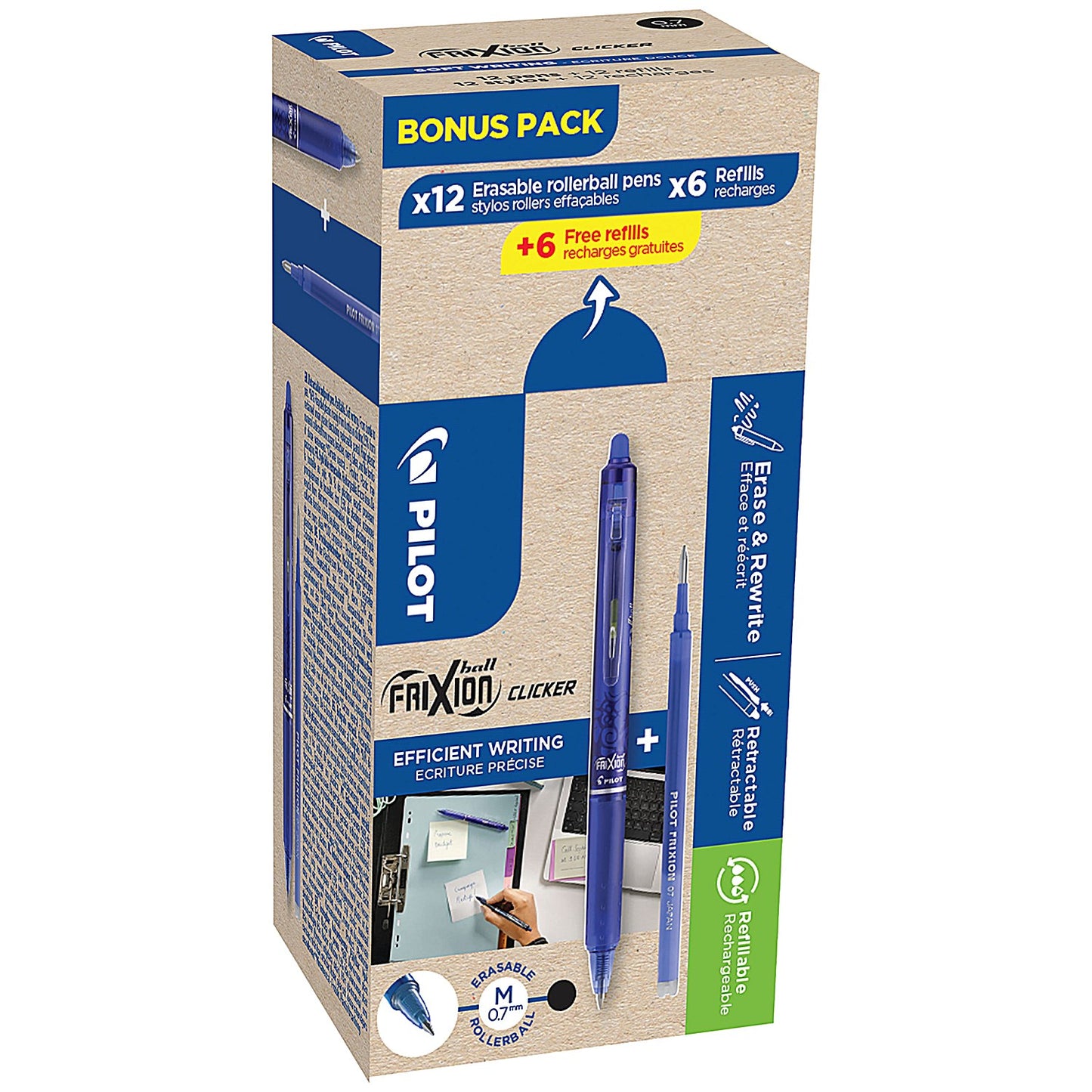 Pilot FriXion Ball Clicker Rollerball Bonus Pack, Box 12 Pens +12 Refills, Blue, Pack of 24