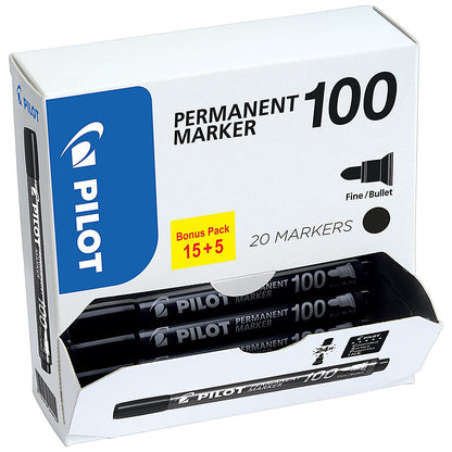 Pilot 100 Permanent Marker, Bullet Tip, Line Width 1mm, Black, Pack of 20