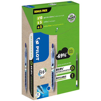 Pilot B2P GreenPack Gel Ink Rollerball Pen/Refill 10 Pens+10 Refills Blue (Pack of 20)