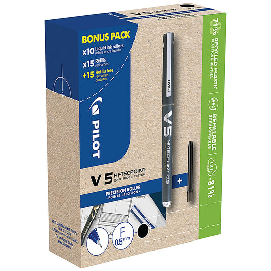 Pilot Greenpack V5 0.5mm Rollerball, Black, Pack of 10 pens and 30 refills