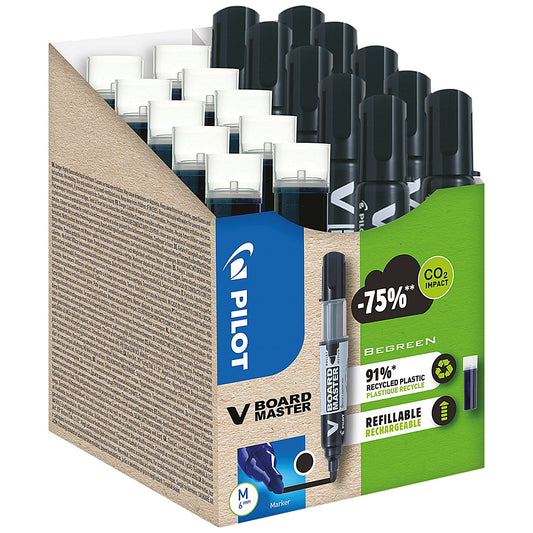 Pilot V-Board Master Markers & Refills, Medium Tip, Black, Pack of 20(10 Markers & 10 Refills)
