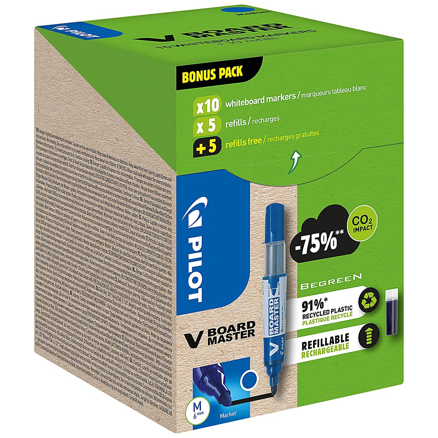 Pilot V-Board Master Markers & Refills, Medium Tip, Blue, Pack of 20(10 Markers and 10 Refills)