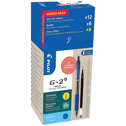 Pilot G-2 Plus Begreen Greenpack Gel Ink Rollerball Medium Blue with 6 Refills (Pack of 12) WLT55618