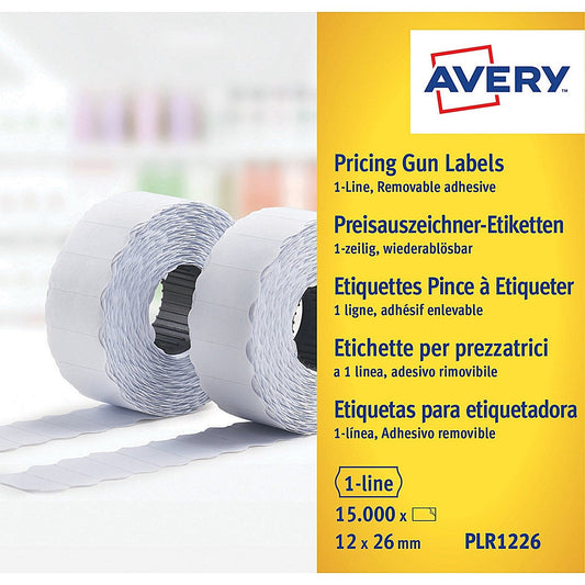 Avery Labels for Labelling Gun 1-Line Removable White 12x26mm 1500 per Roll (Pack 10) - PLR1226
