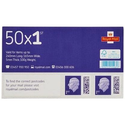 Royal Mail First Class Postage Stamp Sheet, Pack of 50