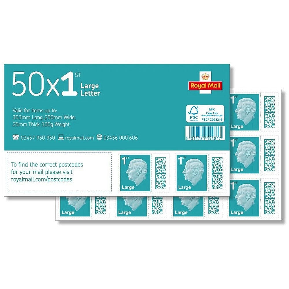 Royal Mail First Class Large Postage Stamps Sheet, Pack of 50