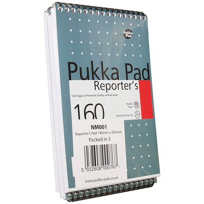 Pukka Pad Reporters Wirebound Notebook, 205x140mm, Ruled & Perforated, 160 Pages, Blue, Pack of 3