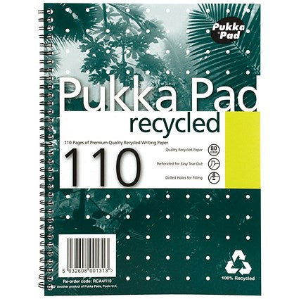 Pukka Pad Recycled Wirebound Notebook, A4, Ruled & Perforated, 110 Pages, Green, Pack of 3