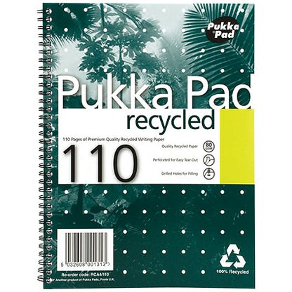 Pukka Pad Recycled Wirebound Notebook, A4, Ruled & Perforated, 110 Pages, Green, Pack of 3