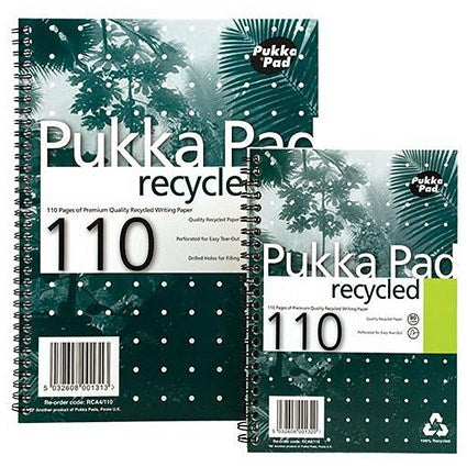 Pukka Pad Recycled Wirebound Notebook, A5, Ruled & Perforated, 110 Pages, Green, Pack of 3