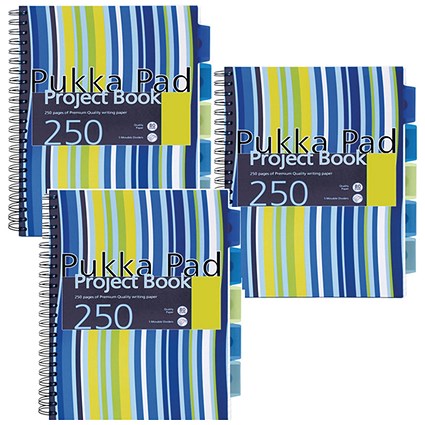 Pukka Pad Project Wirebound Project Book, A4, Ruled & Perforated, 250 Pages, Assorted Colours, Pack of 3