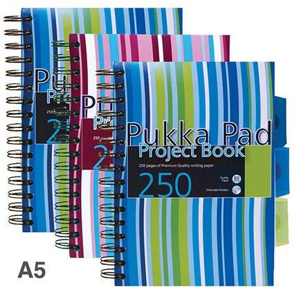 Pukka Pad Wirebound Project Notebook, A5, Ruled & Perforated, 250 Pages, Assorted Colours, Pack of 3