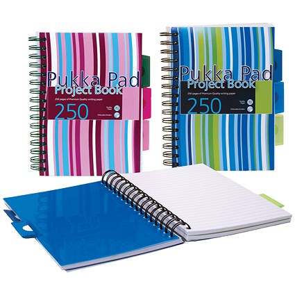 Pukka Pad Wirebound Project Notebook, A5, Ruled & Perforated, 250 Pages, Assorted Colours, Pack of 3