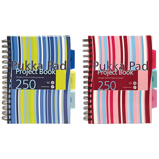Pukka Pad Stripes Wirebound Hardback Project Notebook 250 Pages A5 Blue/Pink (3 Pack)