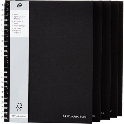 Pukka Pad Wirebound Notebook, A4, Ruled with Margin, 160 Pages, Black, Pack of 5