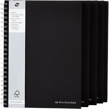 Pukka Pad Wirebound Notebook, A4, Ruled with Margin, 160 Pages, Black, Pack of 5
