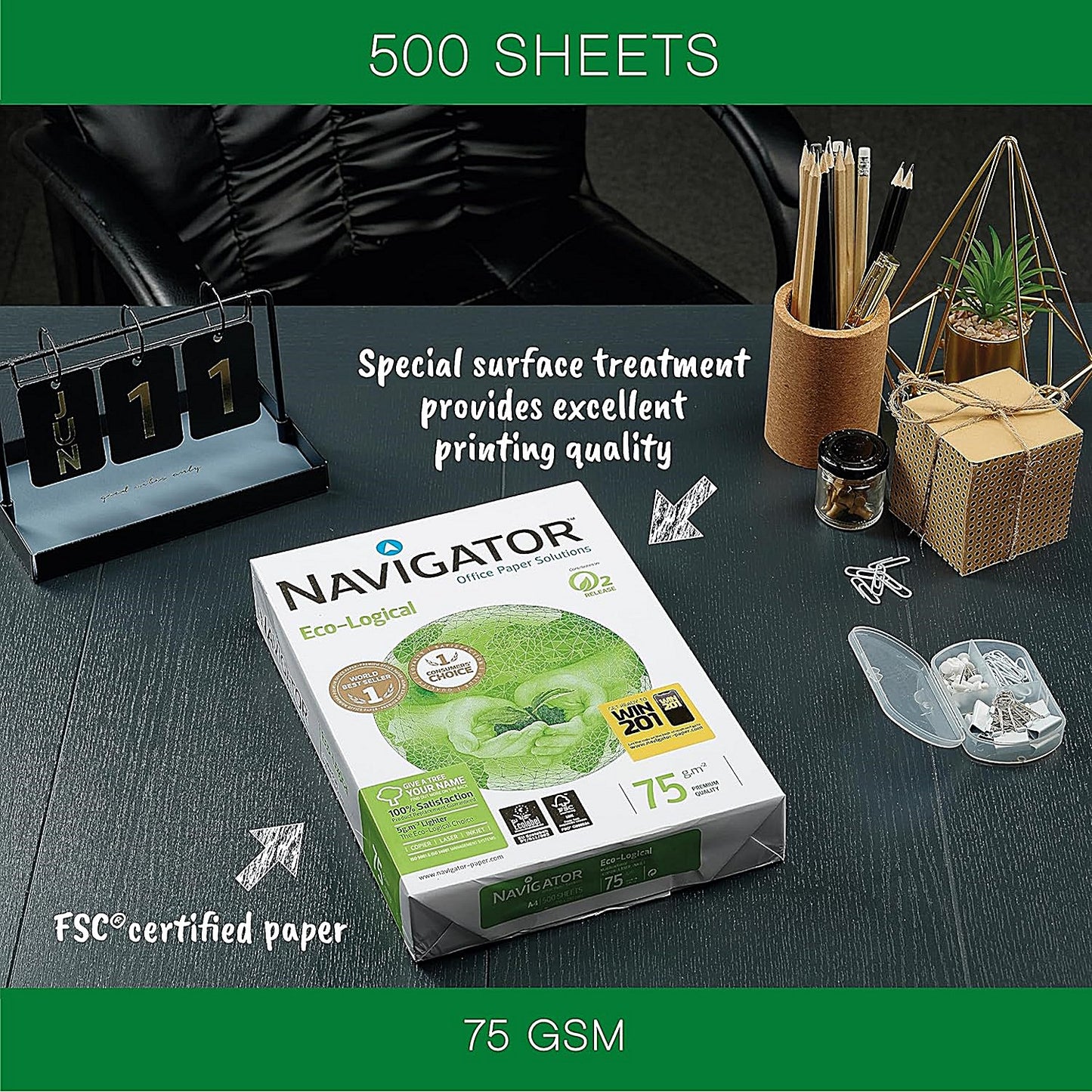 Navigator A4 Eco-logical Paper, White, 75gsm, Box (5 x 500 Sheets)