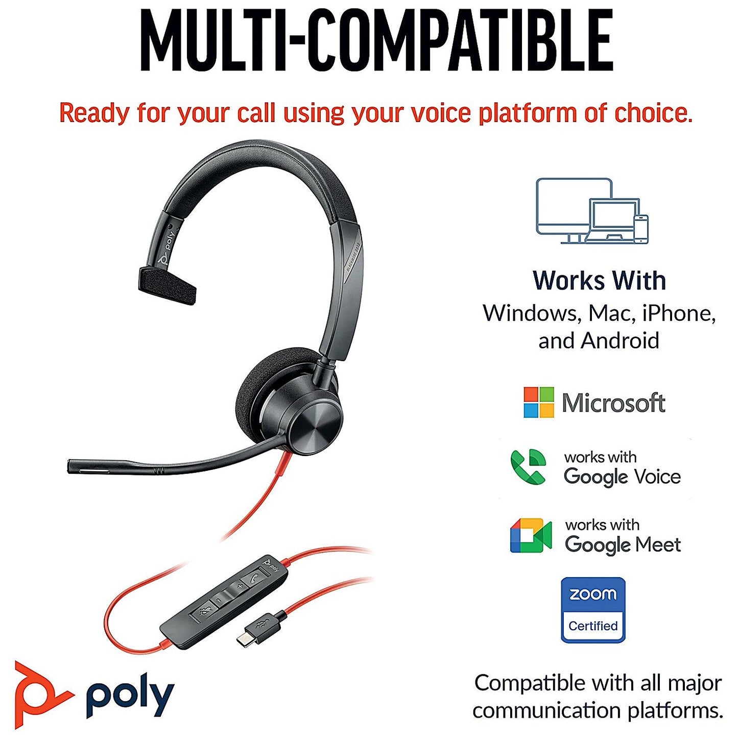 Poly Blackwire 3310 Monaural USB-C/A Headset 8X215AA