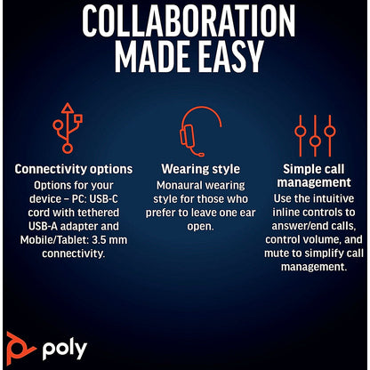 Poly Blackwire 5210 Monaural USB-C/A +3.5mm Headset 8X230AA Easy2Order : PY42942