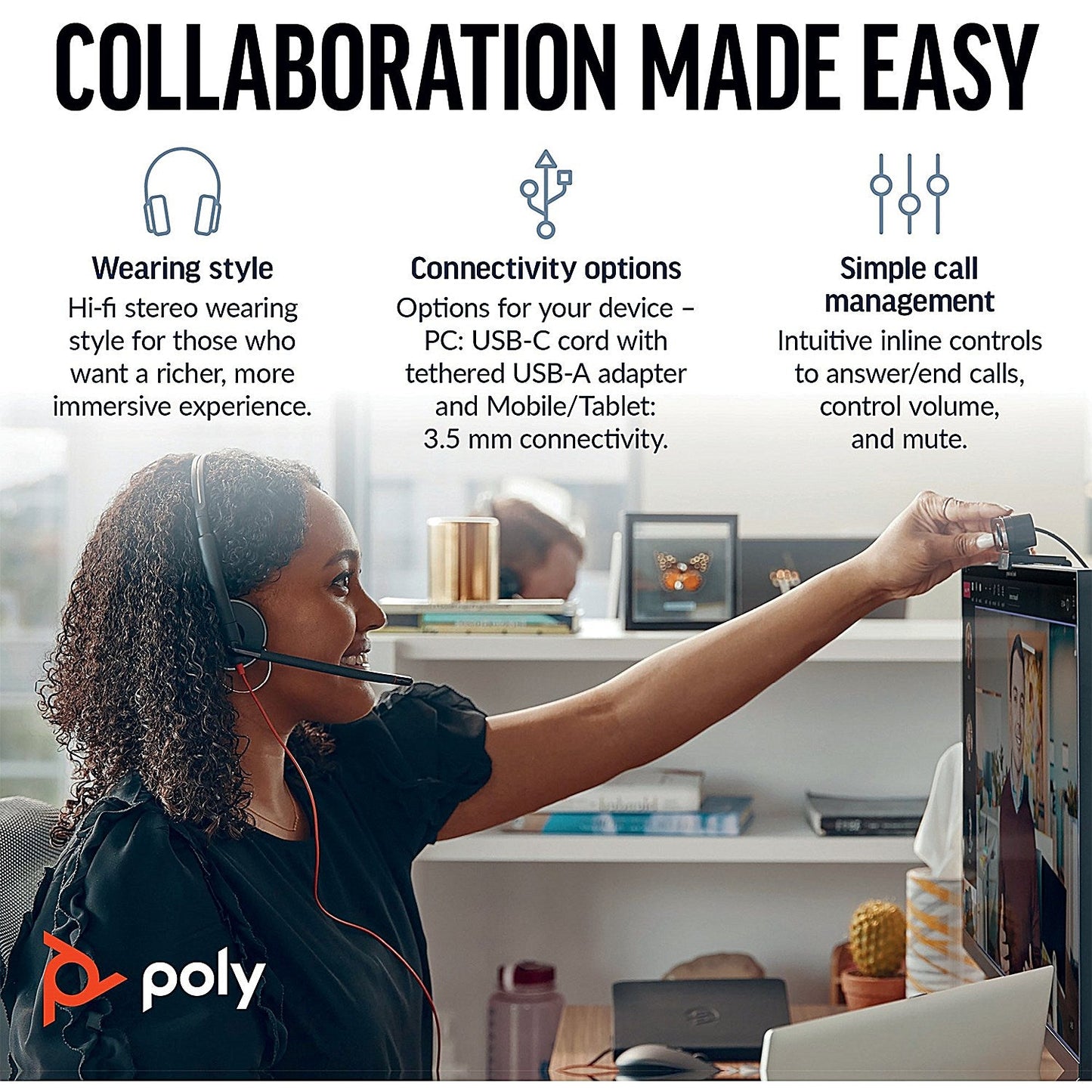 Poly Blackwire 3225 Stereo UC USB-C/A +3.5mm Headset Bulk 8X229A6