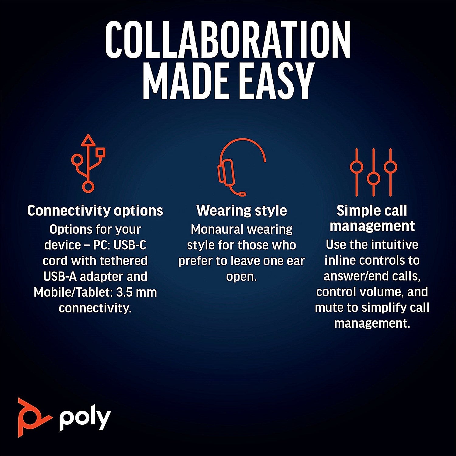 Poly Blackwire 5210 Monaural USB-C/A +3.5mm Headset Bulk 8X230A6 Easy2Order : PY43309