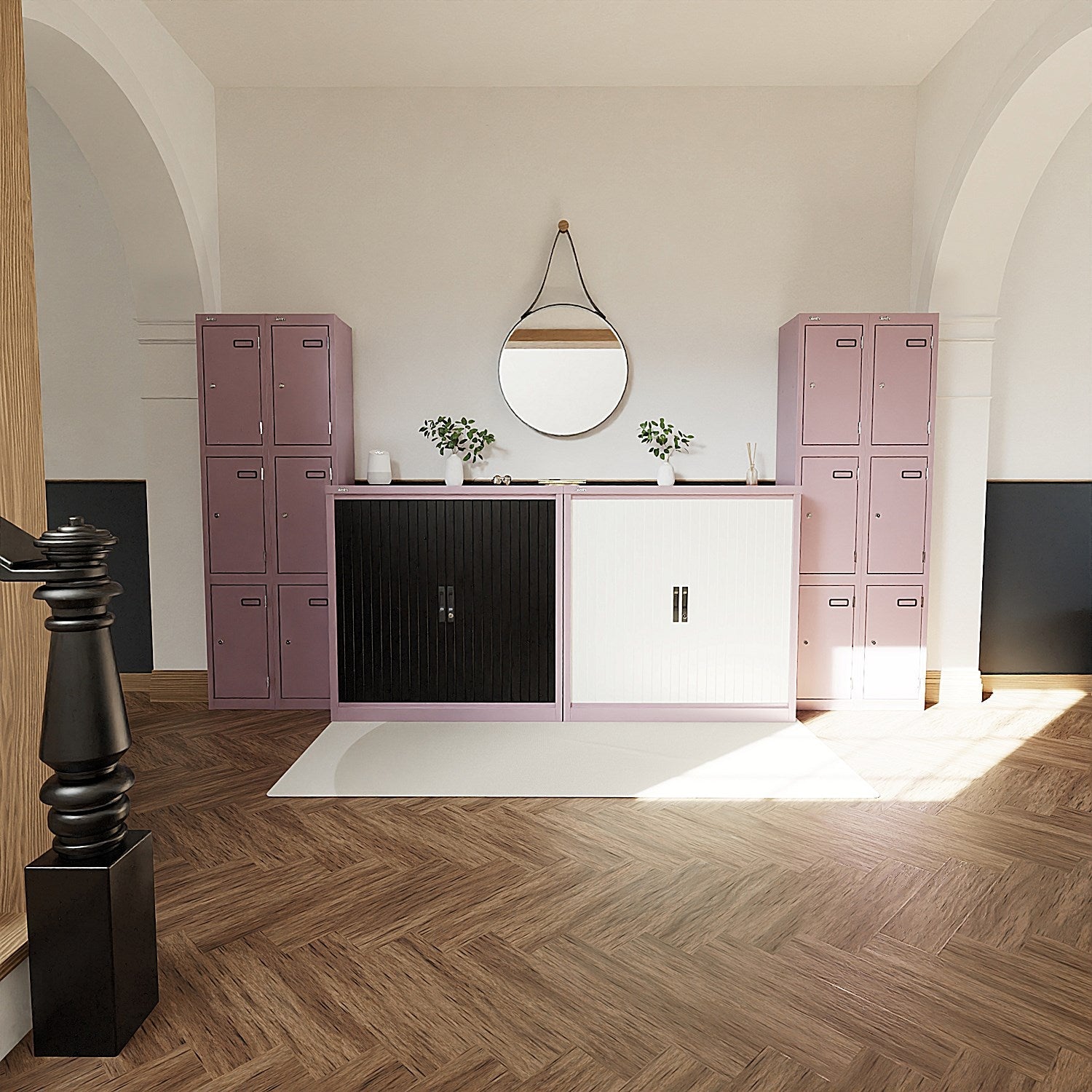 Qube 1000mm Side Tambour Cupboard Antique Pink And Satin White With Shelves Easy2Order : QS2214