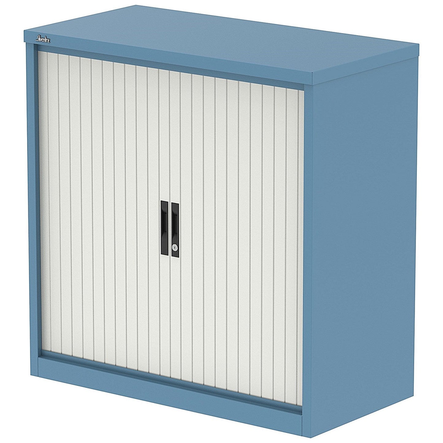 Qube 1000mm Side Tambour Cupboard Pastel Blue And Satin White With Shelves Easy2Order : QS2216