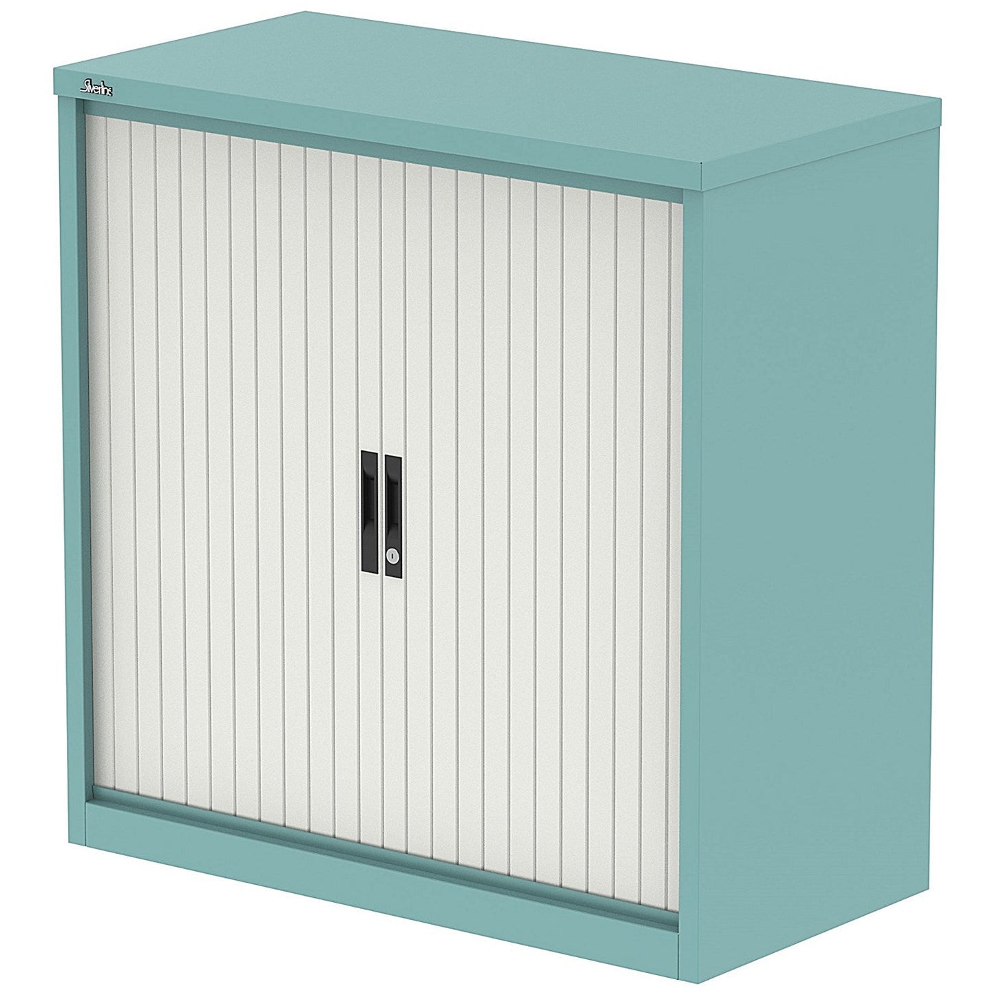 Qube 1000mm Side Tambour Cupboard Pastel Turquoise And Satin White With Shelves Easy2Order : QS2217