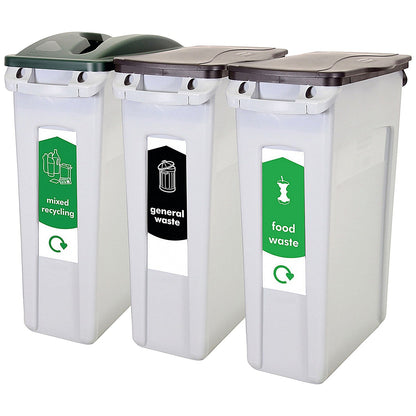 Rubbermaid Slim Jim 3-Stream Recycling Station, General Waste/Recycling/Food Waste, 3 x 87 Litres