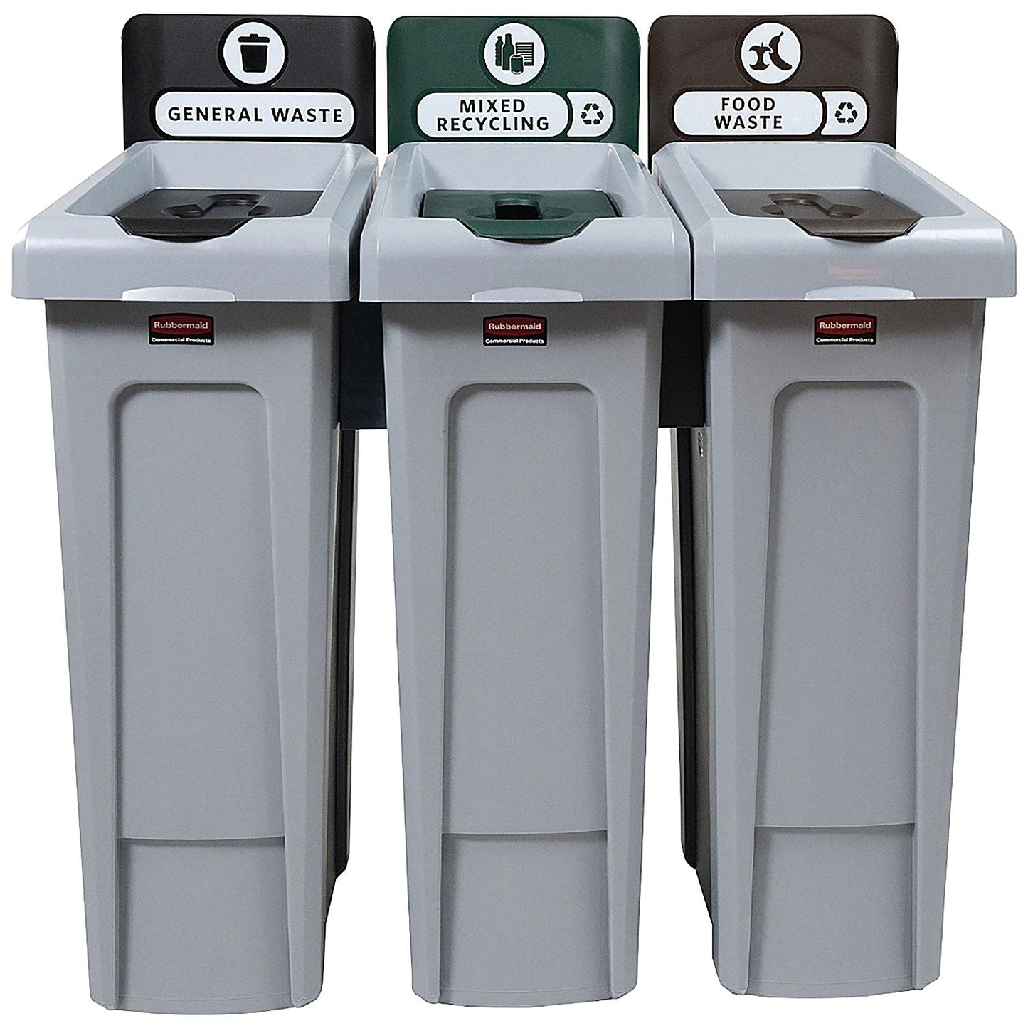 Rubbermaid Slim Jim 3-Stream Recycling Station, General Waste/Recycling/Food Waste, 3 x 87 Litres