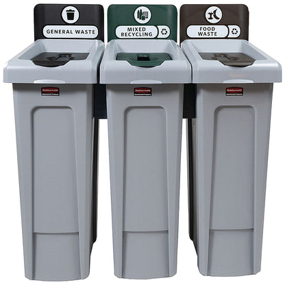 Rubbermaid Slim Jim 3-Stream Recycling Station, General Waste/Recycling/Food Waste, 3 x 87 Litres