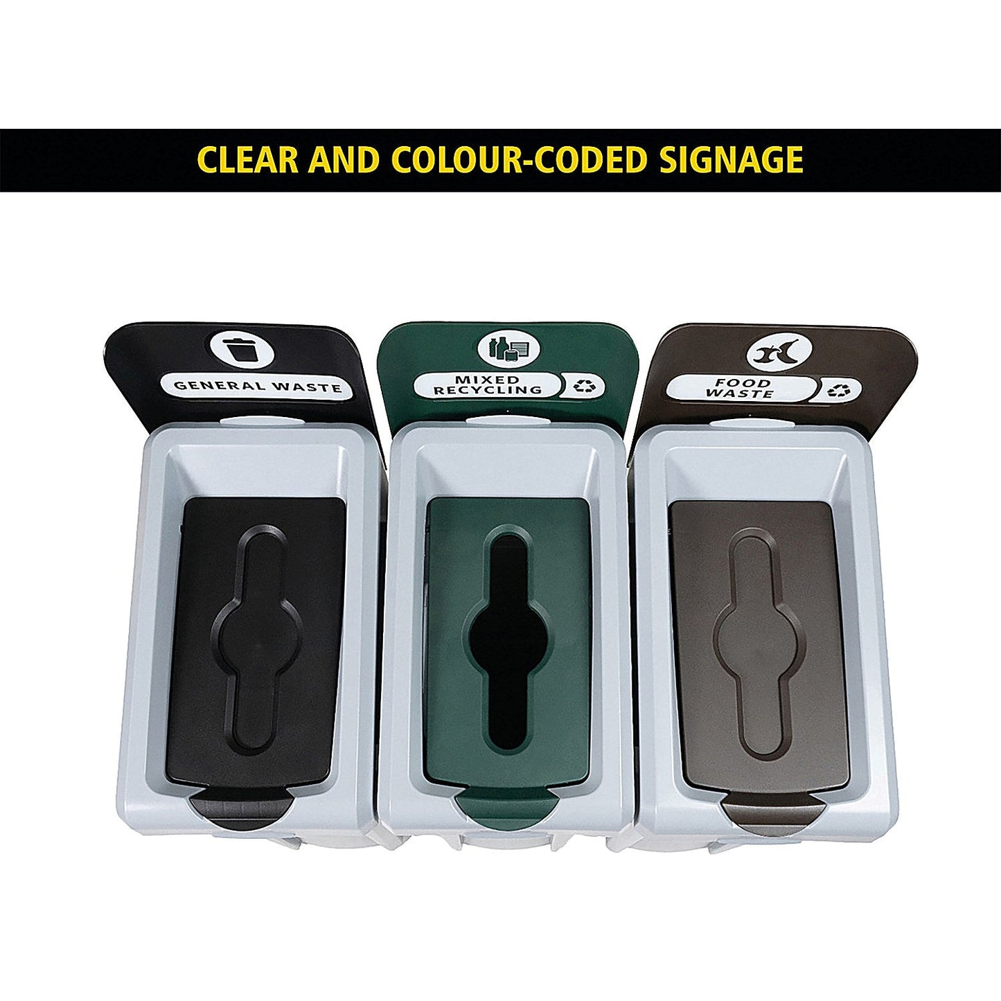 Rubbermaid Slim Jim 3-Stream Recycling Station, General Waste/Recycling/Food Waste, 3 x 87 Litres Easy2Order : RU23960