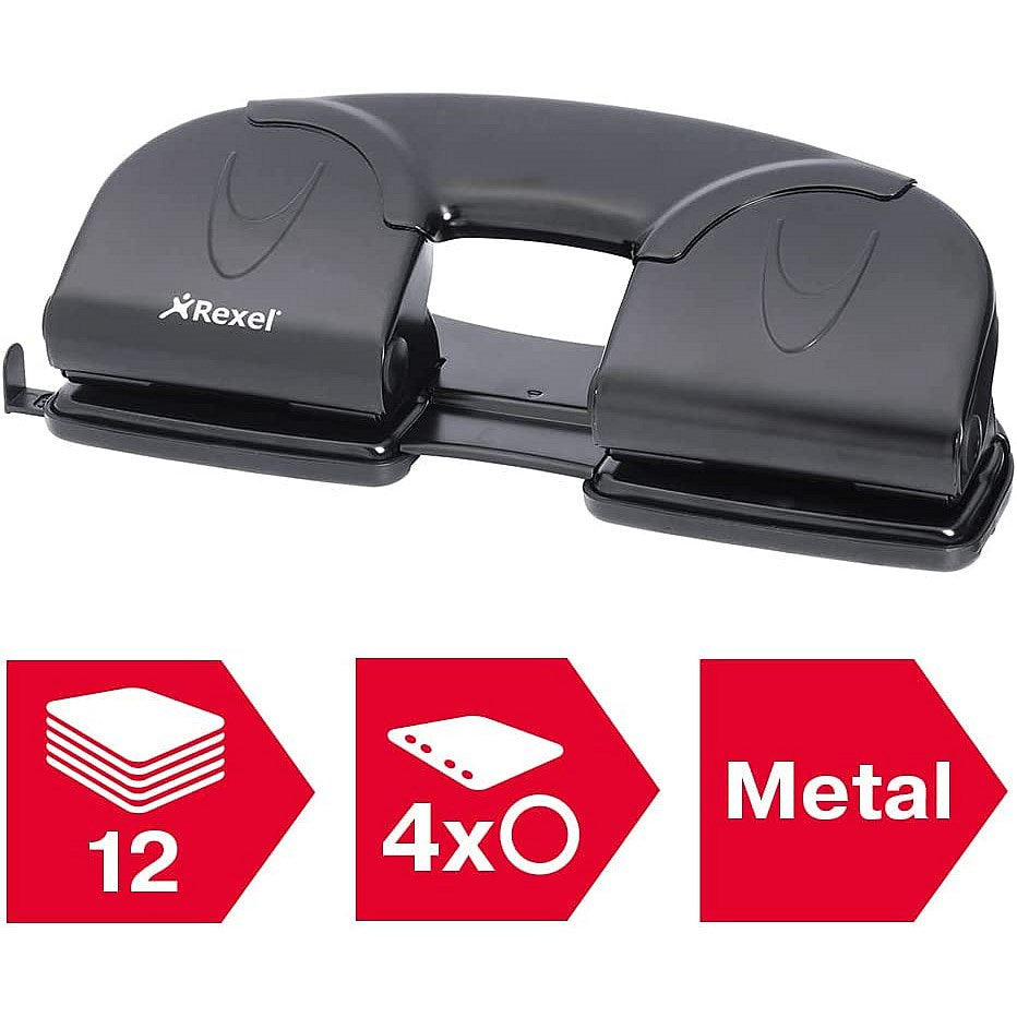 Rexel V412 4 Hole Punch, Capacity 12 Sheets, Black