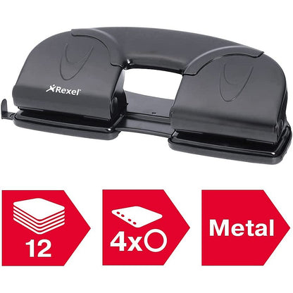 Rexel V412 4 Hole Punch, Capacity 12 Sheets, Black