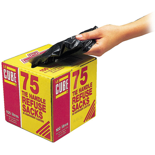 Le Cube Medium Duty Refuse Sacks, 100 Litre, Black, Pack of 75