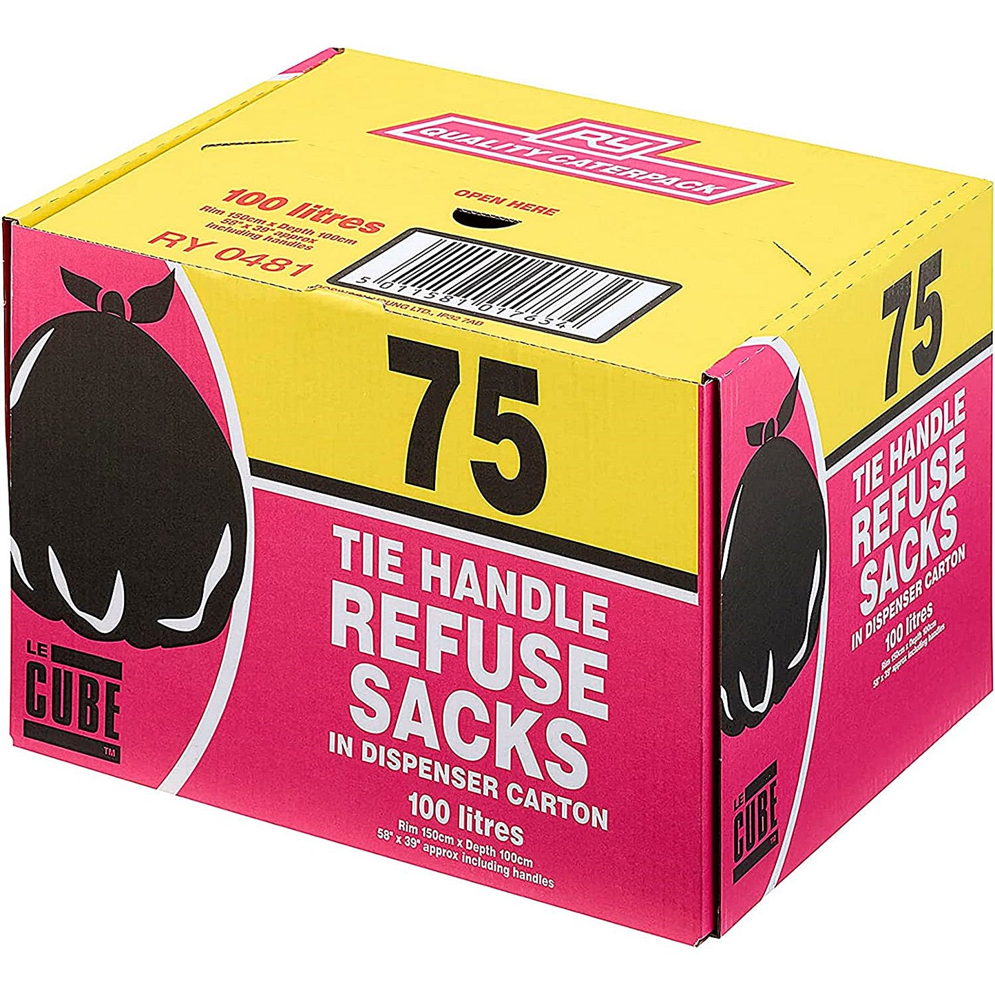Le Cube Medium Duty Refuse Sacks, 100 Litre, Black, Pack of 75